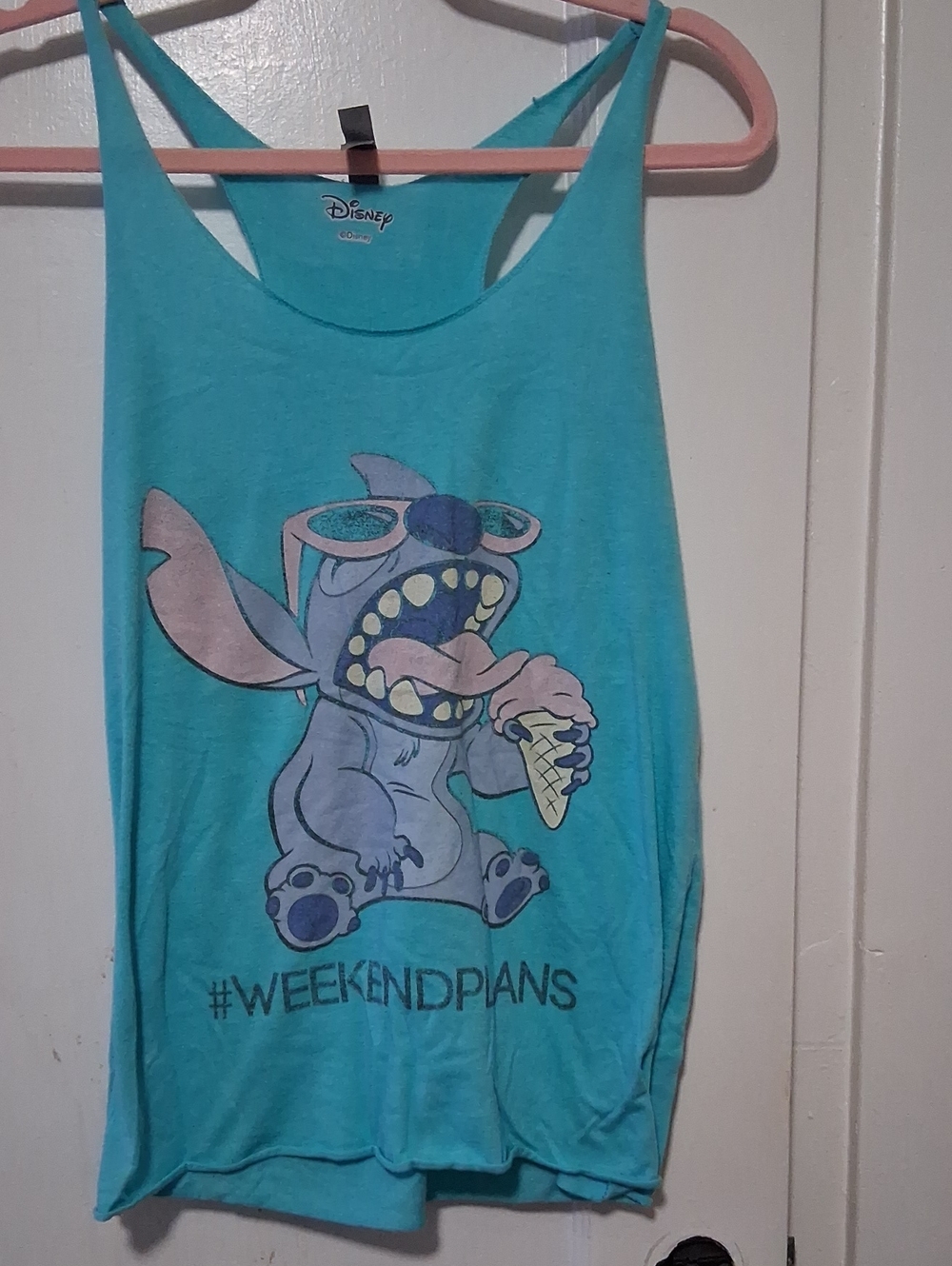 Disney Turquoise Womans Stitch Tank Top with Ice Cream Graphic Weekend Plans